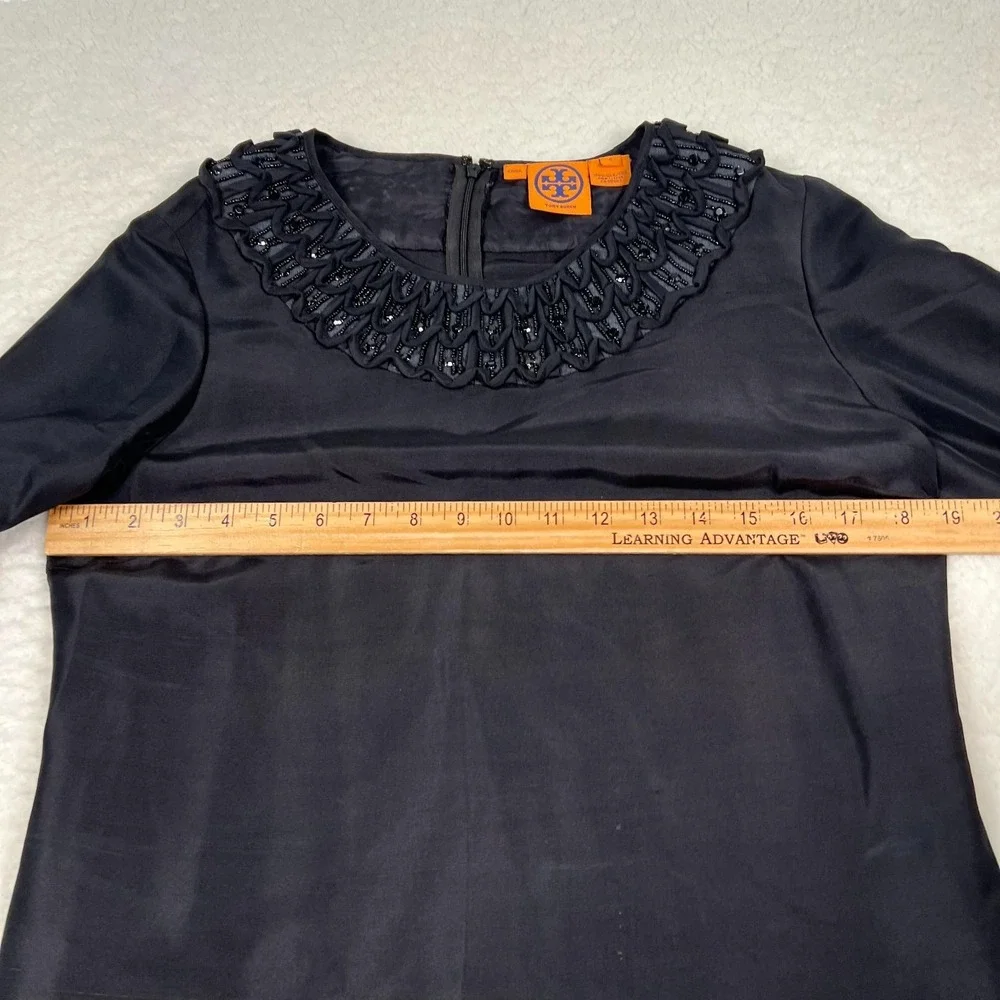 Tory Burch Shift Dress Womens 8 Black‎ 100% Silk Beaded Trim Cocktail 3/4 Sleeve